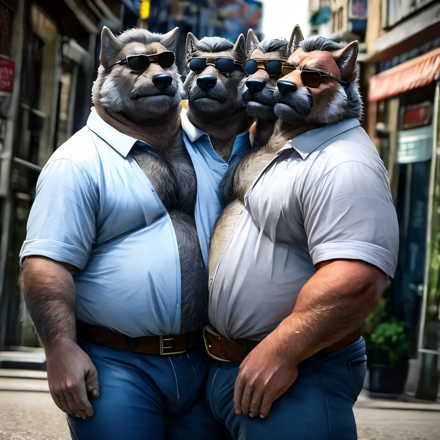 photo of 2heads, wolf, very fat, overweight, heavy, older male, old, three headed, three heads, one body, thick necks, hairy chest, street background, hands in pockets, sunglasses, gray mustache, short grey hair, long gray hair, sweaty, old, frowning, uncomfortable, button down, jeans, belt, identical, masterpiece, stylized, realistic, detailed, 3d, fat, masculine