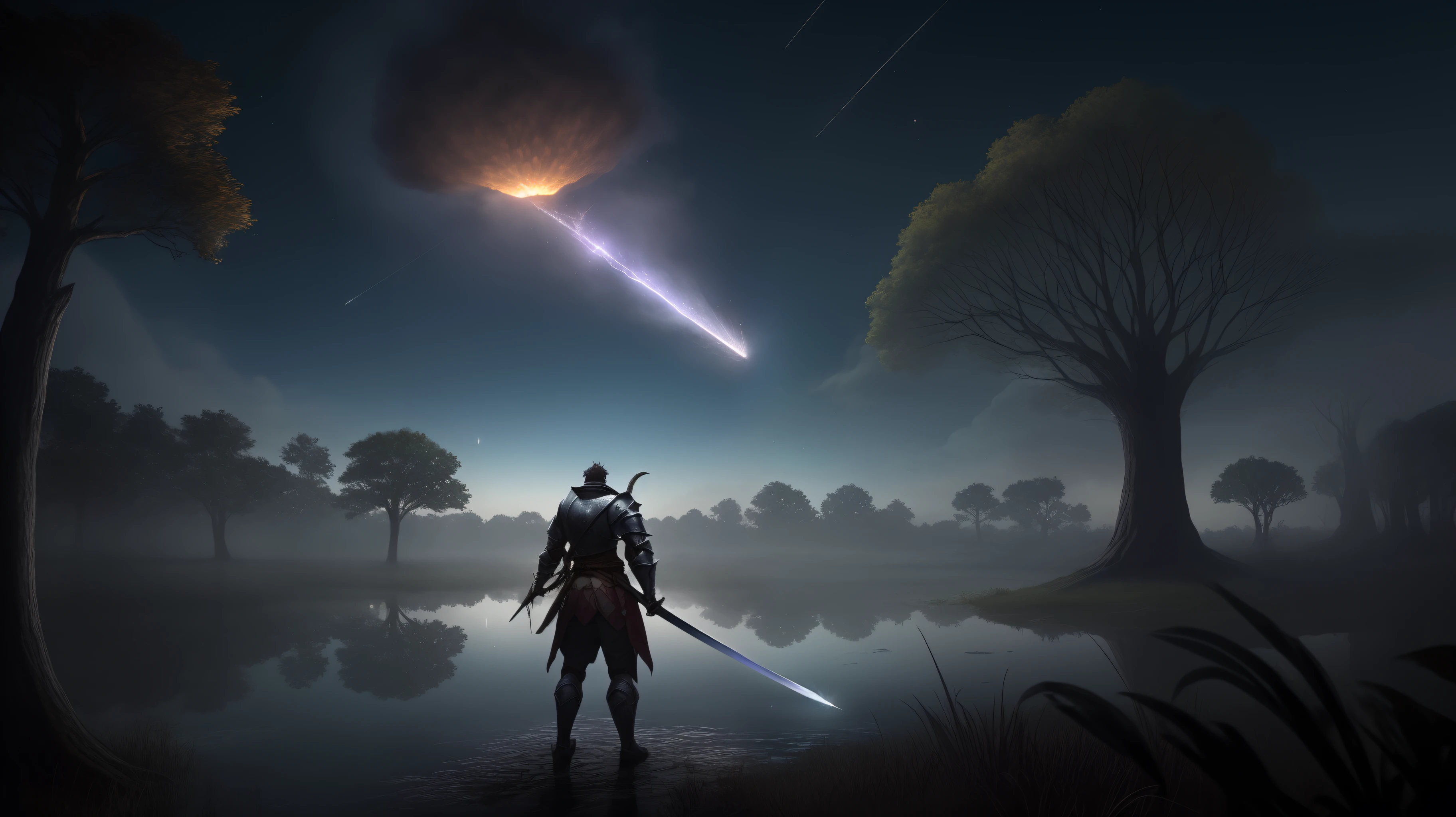 (obra-prima), (melhor qualidade), (ultra-detalhado), 1 , cavaleiro, Facing a giant tree that is lit up, pirilampo, light particles, a noite, The swamp at the foot of the giant trees, Quebre a armadura do Cavaleiro, vista posterior, Hold the sword of fire in your hand, The dragon hovers in the sky, epic atmosphere, A meteorite falling from the sky