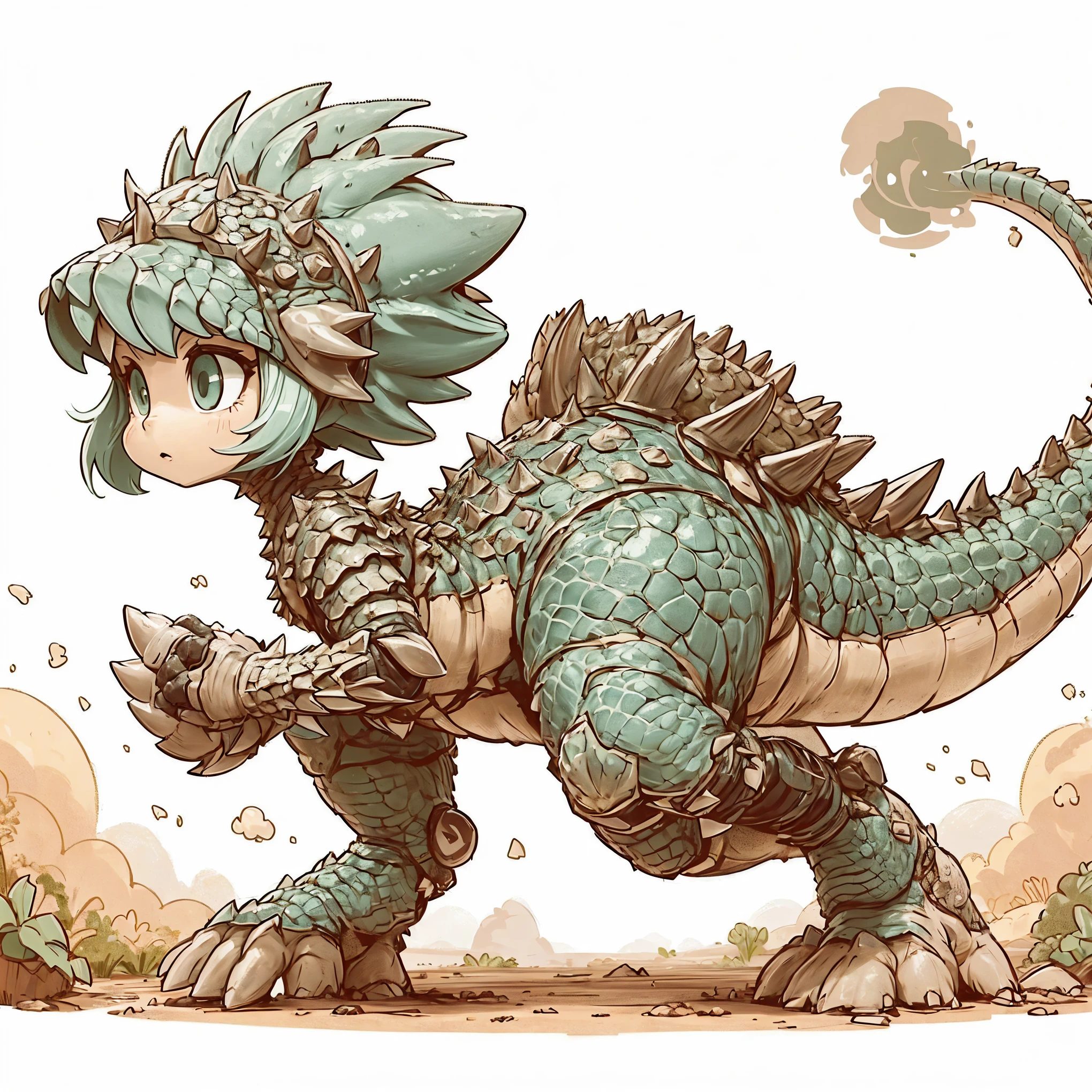 Dinosaur girl. Ankylosaurus element. Knight-like style. scale armor. Tail. Active. Dry soil underfoot. Dust cloud.