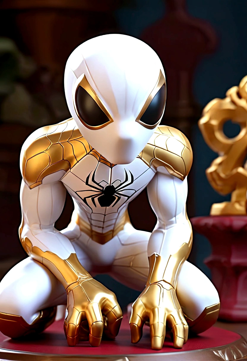 a small white spiderman x ironman figure on the table, gold ornate,