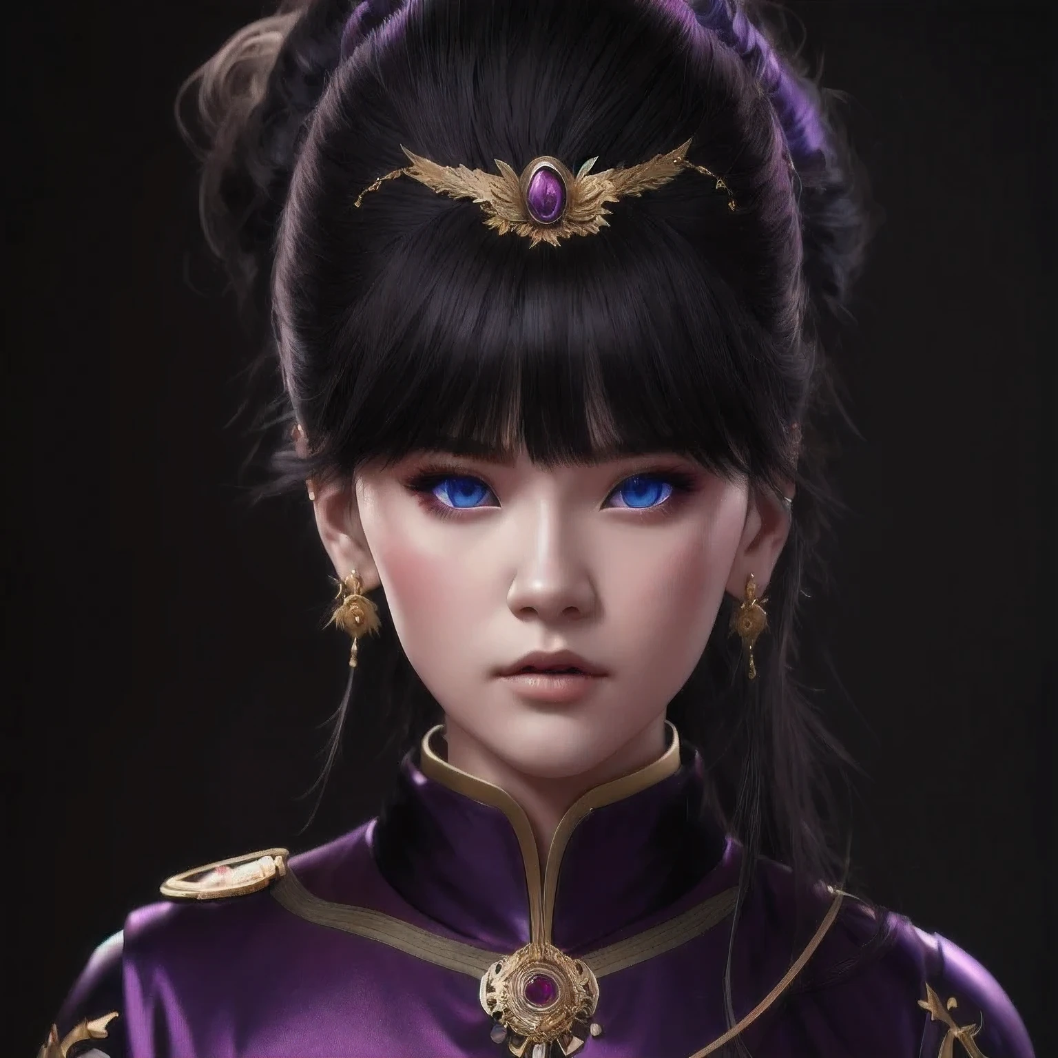 there is a 18 years old in a purple dress holding a dragon, wlop and ross tran, ross tran 8 k, fantasy art style, chengwei pan on artstation, a beautiful fantasy empress, ross tran and wlop, ruan jia and artgerm, the dragon girl portrait, ig model | artgerm, artgerm and ruan jia,beautiful
1girl
bangs
blue eyes
closed mouth
ear piercing
earrings
grey background
hair ornament
jewelry
lips
looking at viewer
military
military uniform
nose
piercing
portrait
realistic
short hair
simple background
solo
upper body