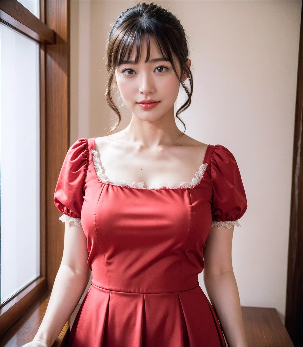 ((highest quality、8k、masterpiece:1.3))、Photorealistic, Sharp focus, high resolution, High resolution, Portraiture, alone, Japanese, Middle-aged women, Beautiful woman, 26 years old、Big Breasts、She is dressed in a red casual dress、In an apartment