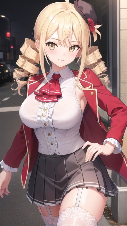 ((masterpiece)),(best quality),official art,extremely detailed CG,unity 8k wallpaper,ultra detailed,beautiful detailed eyes,extremely detailed face,street,1girl,solo,cowboy shot,looking at viewer,facing viewer,smile,reikadou ayame,red hat,mini hat,ahoge,long hair,blonde hair,twin drills,sidelocks,bangs,yellow eyes,red jacket,wing collar,ascot,white shirt,center frills,large breasts,grey skirt,pleated skirt,frilled skirt,garter straps,zettai ryouiki,white thighhighs,loafers,