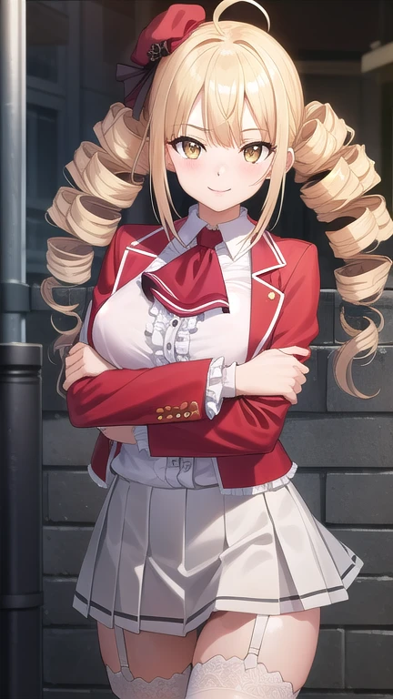 ((masterpiece)),(best quality),official art,extremely detailed CG,unity 8k wallpaper,ultra detailed,beautiful detailed eyes,extremely detailed face,street,1girl,solo,cowboy shot,looking at viewer,facing viewer,smile,reikadou ayame,red hat,mini hat,ahoge,long hair,blonde hair,twin drills,sidelocks,bangs,yellow eyes,red jacket,wing collar,ascot,white shirt,center frills,large breasts,grey skirt,pleated skirt,frilled skirt,garter straps,zettai ryouiki,white thighhighs,loafers,