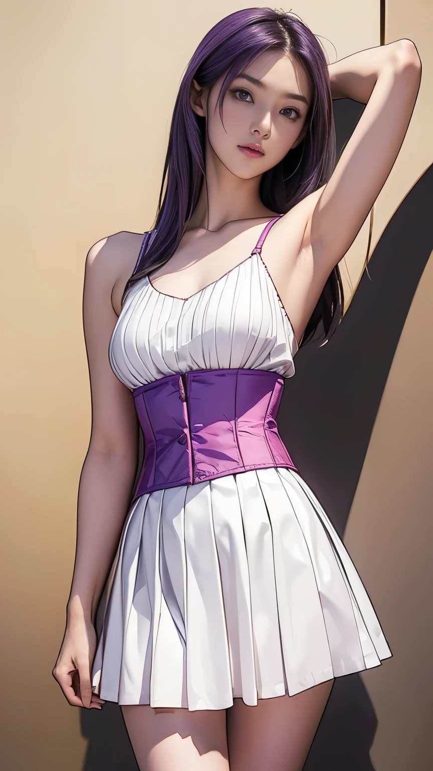 Please show me your armpits,masterpiece, best quality,Sasha, Purple Hair, long hair, Red Eyes, White Dress, collar, long skirt ,Sleeveless, Bare shoulders, , clavicle, gold accessories, Corset, 1 girl, perfect asian goddess、Lawless ticking facial features,wonderful,Solitary, looking at the audience,(whole body:1.4),Supreme Beauty,stately, ((15 year old girl, Slim, Thin waist, Thin thighs, Thin arms)), ((raise your arms, Please show me your armpits))