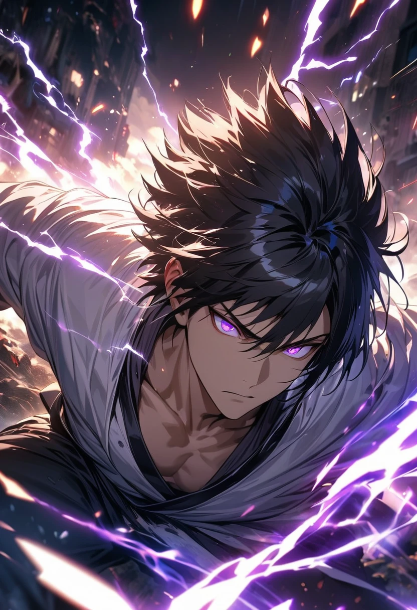 absurdres, highres, ultra detailed, HDR, masterpiece, extremely detailed face and eyes,Sasuke,black hair , , solo, man, handsome, ,white shirt, , Epic fight scene, purple lightning effect, glowing glitters