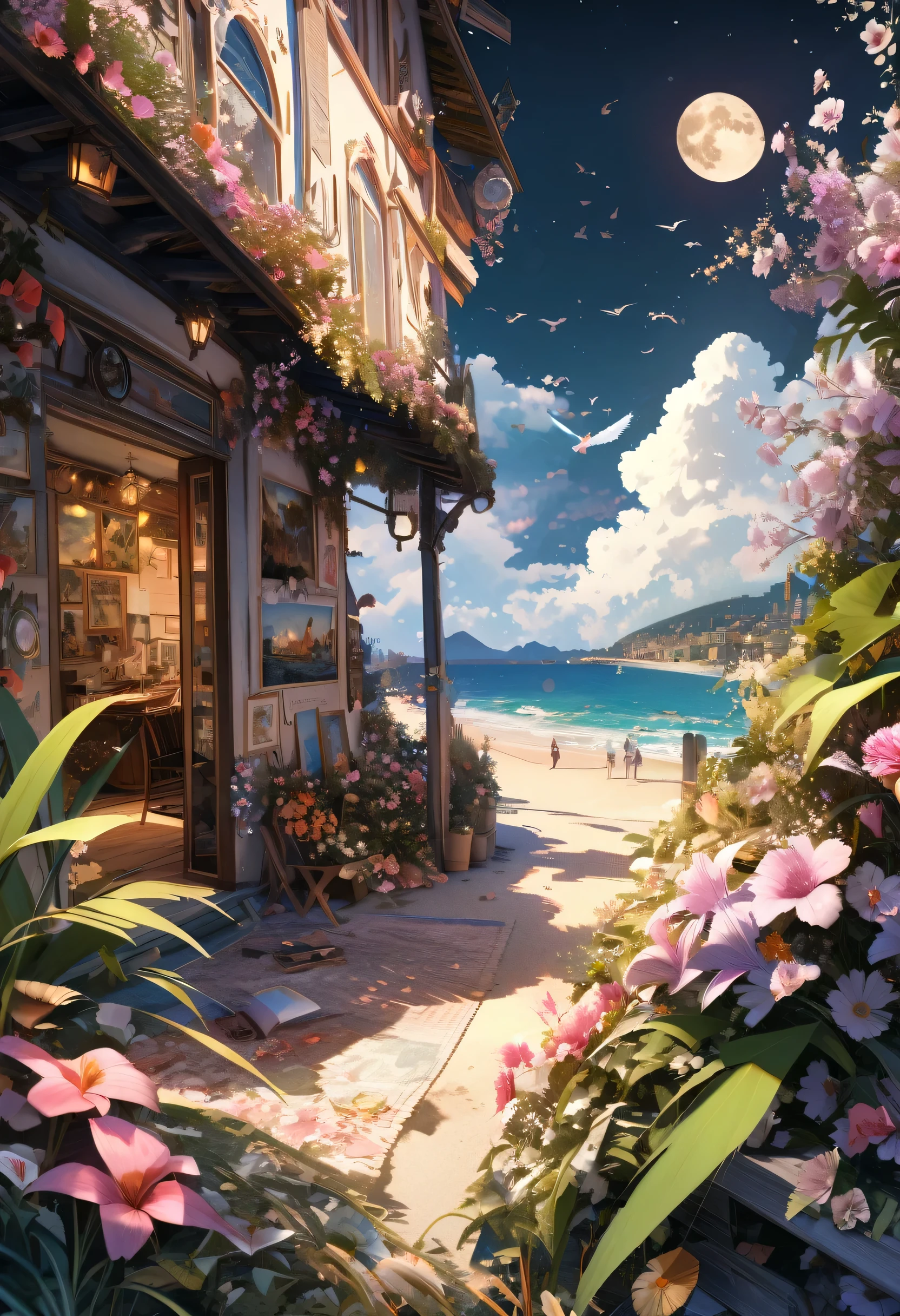 city, Flowers, A delicate scene, null, White cloud, The sun shines on the white beach. bird, pink Flowers and bright big shells, Diamond Crystal, At the Beach, Fantasy, night null, moon, cigarette, fire, photograph, High resolution, 8k, UHigh resolution, Super detailed, high quality, 1080p