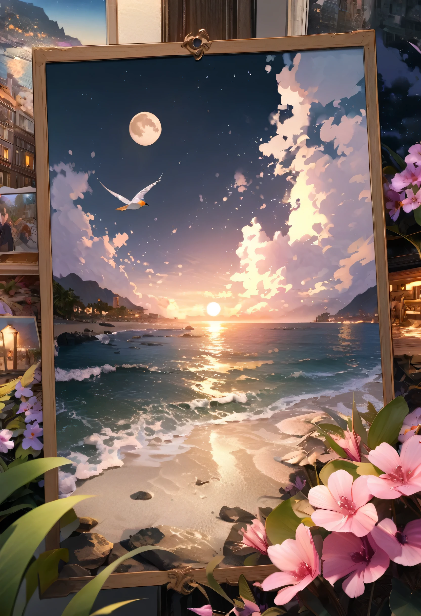 city, Flowers, A delicate scene, null, White cloud, The sun shines on the white beach. bird, pink Flowers and bright big shells, Diamond Crystal, At the Beach, Fantasy, night null, moon, cigarette, fire, photograph, High resolution, 8k, UHigh resolution, Super detailed, high quality, 1080p