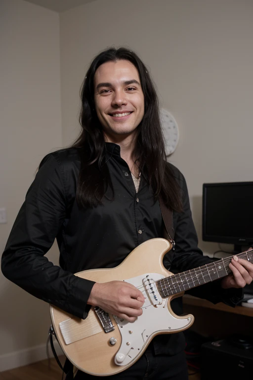 Handsome thin White man goth long black hair smiling happy guitar