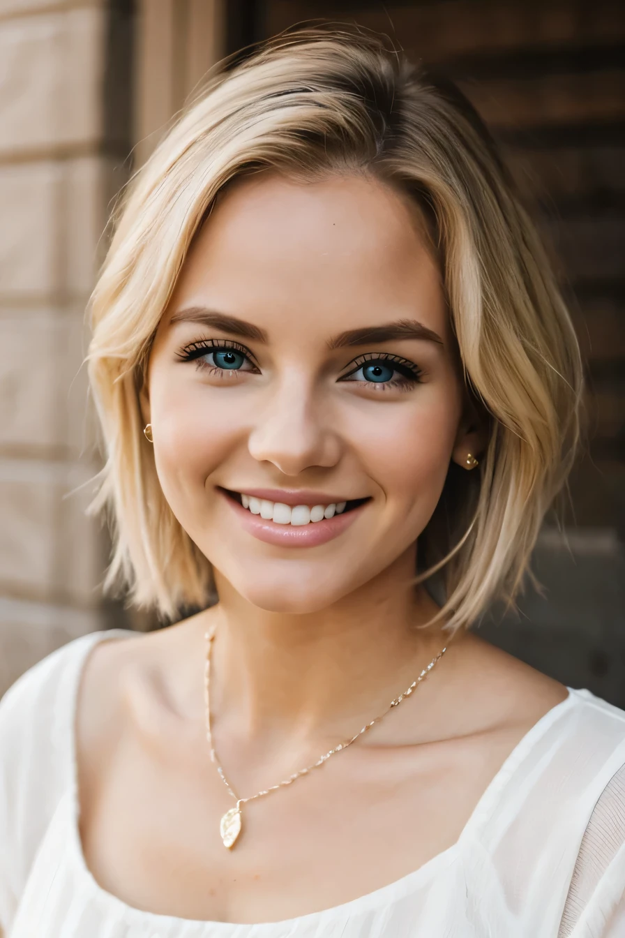 ２０Beautiful young woman、 White woman、Blonde Hair、Wavy Hair、short hair、blue eyes、ear piercing、Necklace around the neck、blouse、smile, （Emphasis on teeth）、Beautiful teeth alignment、Intricate details, Very detailed:1.2), 、 Looking into the camera,The background is the town

