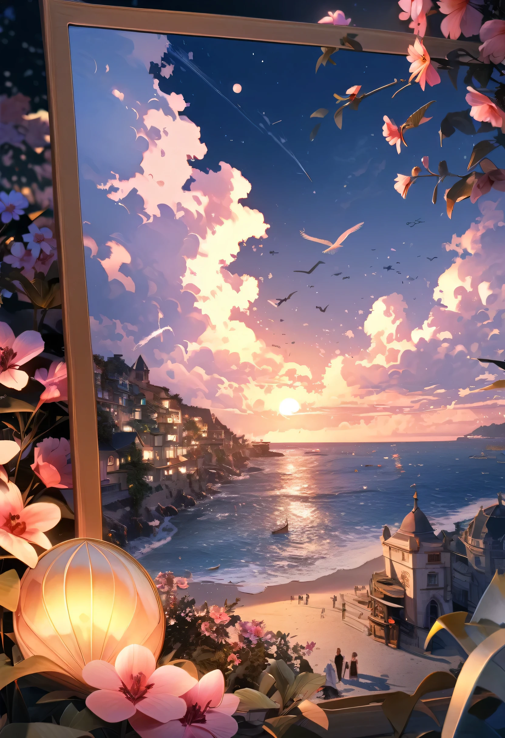 city, Flowers, A delicate scene, null, White cloud, The sun shines on the white beach. bird, pink Flowers and bright big shells, Diamond Crystal, At the Beach, Fantasy, night null, moon, cigarette, fire, photograph, High resolution, 8k, UHigh resolution, Super detailed, high quality, 1080p  
