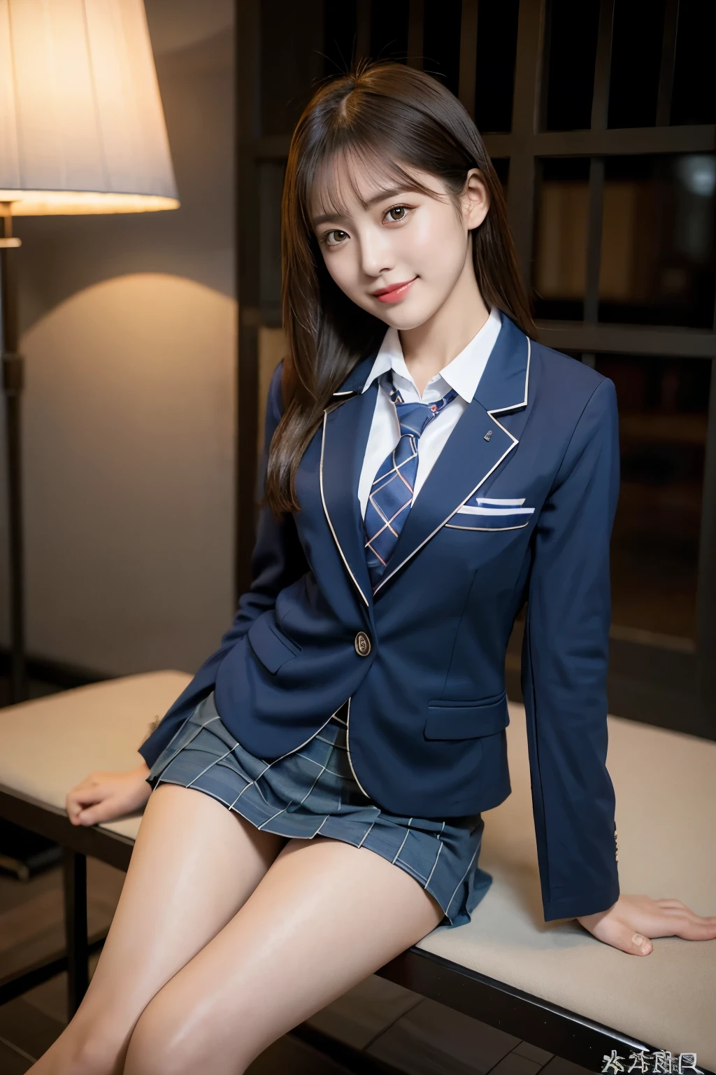 (8k), (highest quality: 1.2), (Realistic), (Realistic: 1.37), Ultra-high resolution, (1 girl), cute, blush,Embarrassed smile, Beautiful details, Beautiful Nose, straight Hair, Giant Dulcefo, pork, Thighs,Self Snap,University Uniforms,(A simple dark blue blazer:1.4),(Pleated skirt:1.2),(The skirt and tie are black tartan check pattern.:1.3),(Sitting:1), Sit on the bench,(Hold my feet:1),(Shiny 太い legs:1.2),from the front,knees