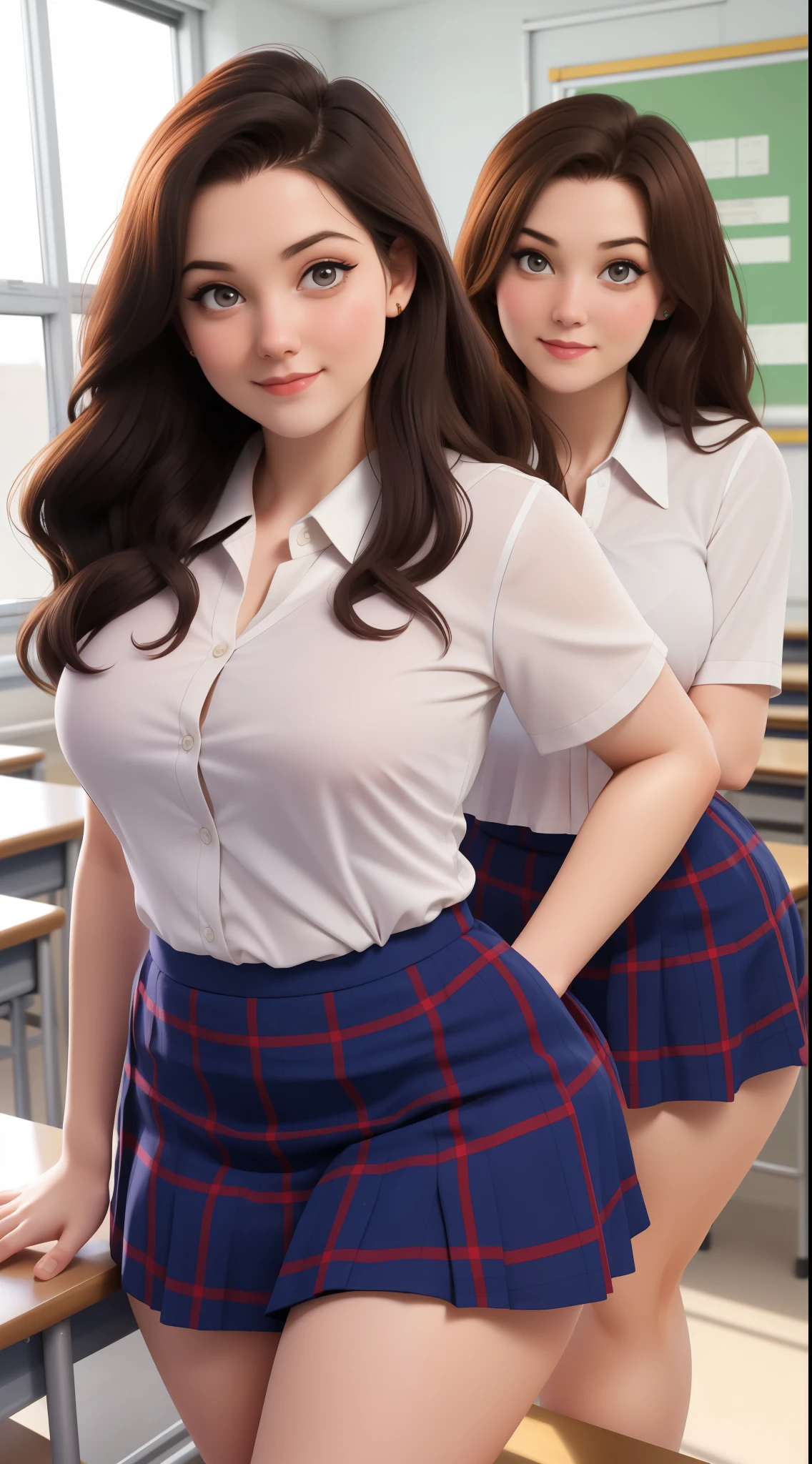 2 girl, beautiful, smile, laugh, (facing the viewer), standing on a desk, leaning forward over a desk, at a ((school)), ultra skin texture, (AS-Adult:1.1) BREAK
hands on desk, leaning forward, nipslip, in , classroom, looking at the camera, eye contact BREAK
((school uniform)), (white blouse), tie, plaid skirt, ((downblouse:1.3), (leaning forward:1.1)), BREAK
makeup, long straight hair, pale skin, fair skin, white skin, (big booty) (face here) Plus size bbw big , (wide booty)insanely inflated hips,Thick body ,fat body , curve shap body, widest hips , thick hips ,widest breast, thick breast