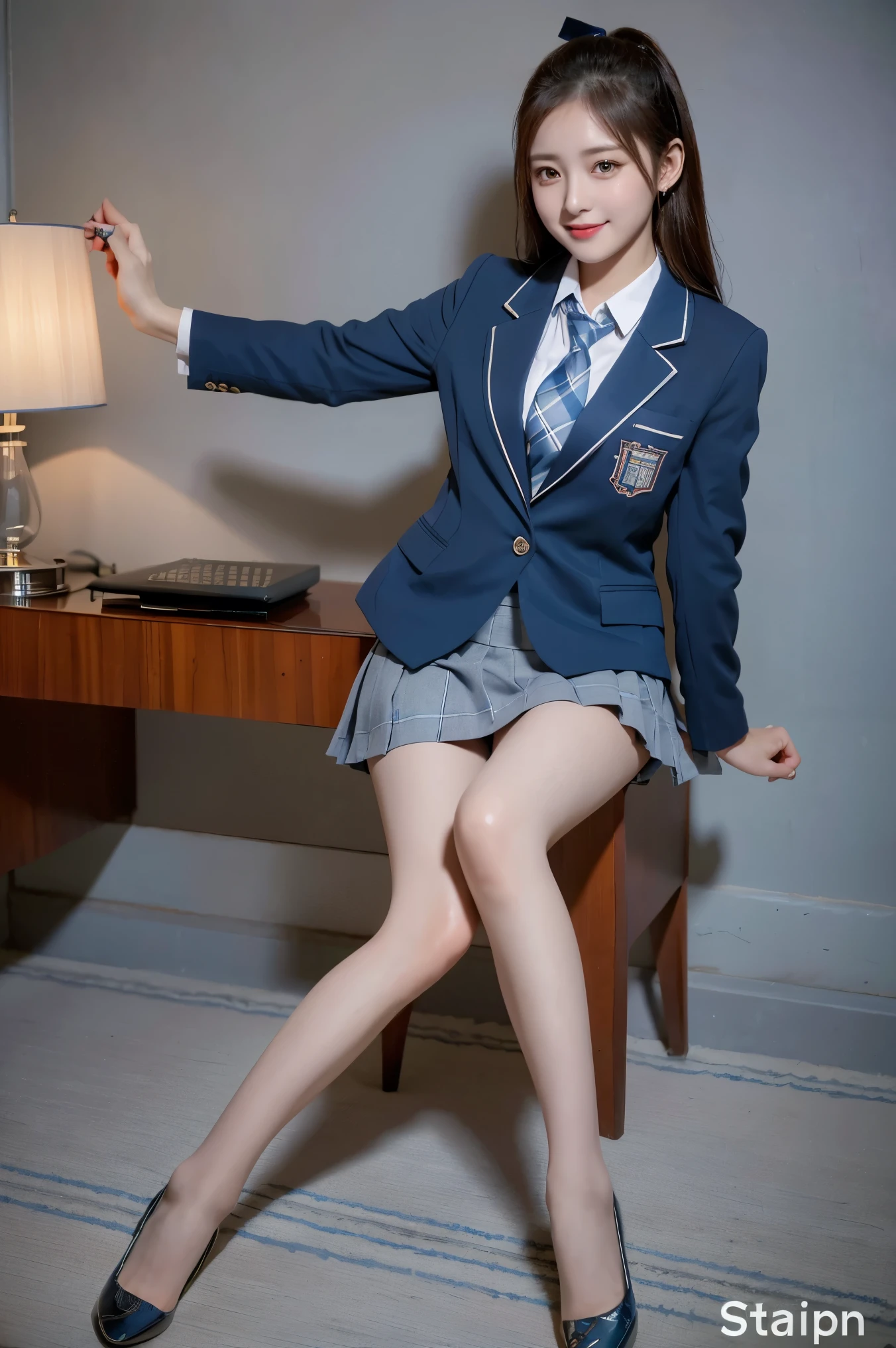 (8k), (highest quality: 1.2), (Realistic), (Realistic: 1.37), Ultra-high resolution, (1 girl), cute, blush,Embarrassed smile, Beautiful details, Beautiful Nose, straight Hair, Giant Dulcefo, pork, Thighs，Self Snap,University Uniforms,(A simple dark blue blazer:1.4),(Pleated skirt:1.2),(The skirt and tie are gray tartan check pattern.:1.3),(Sitting:1), Sit on the ground,(Hold my feet:1),(Shiny legs:1.2),from the front,knees