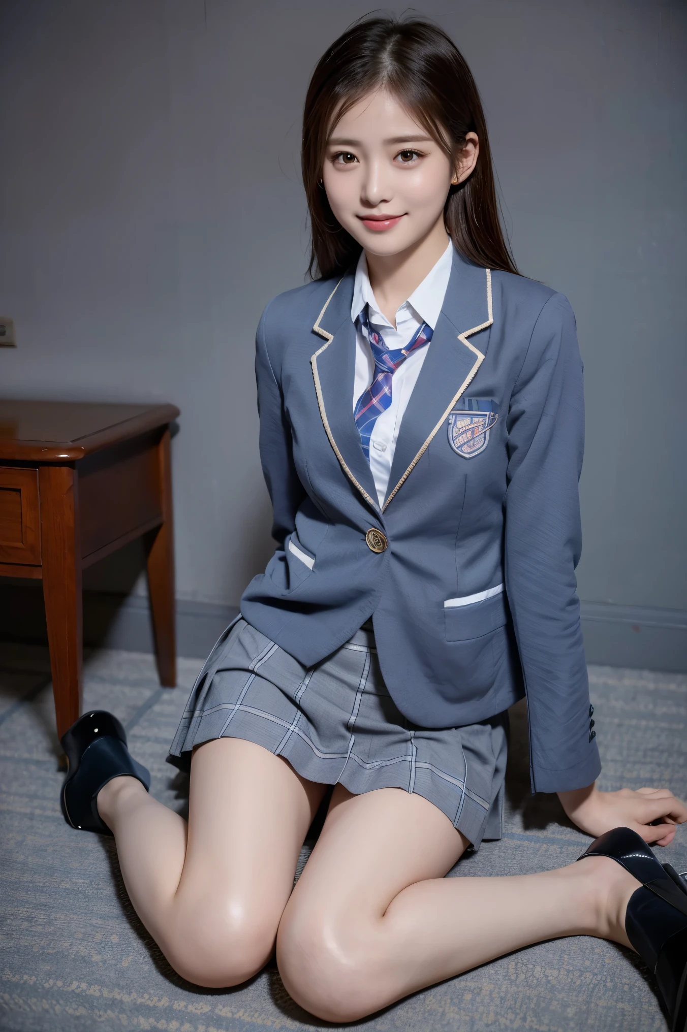 (8k), (highest quality: 1.2), (Realistic), (Realistic: 1.37), Ultra-high resolution, (1 girl), cute, blush,Embarrassed smile, Beautiful details, Beautiful Nose, straight Hair, Giant Dulcefo, pork, Thighs,Self Snap,University Uniforms,(A simple dark blue blazer:1.4),(Pleated skirt:1.2),(The skirt and tie are gray tartan check pattern.:1.3),(Sitting:1), Sit on the ground,(Hold my feet:1),(Shiny legs:1.2),from the front,knees