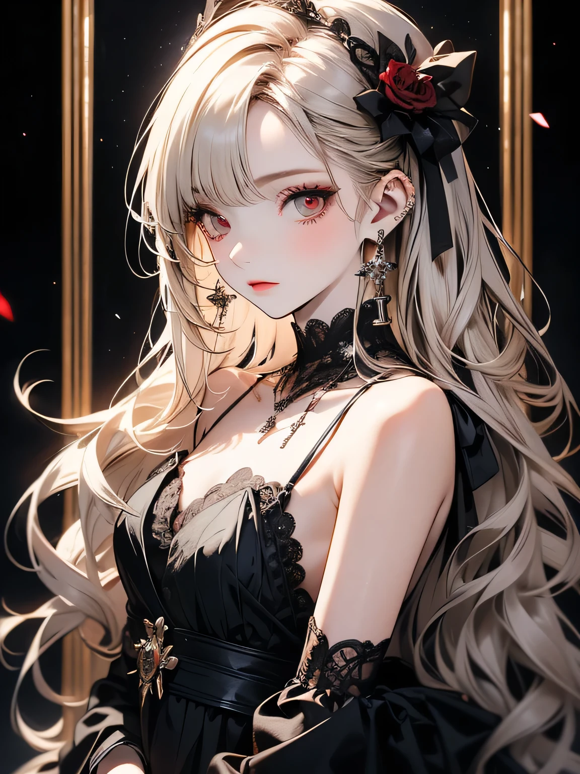 (masterpiece),(4K),high quality,Flat Chest,One girl,Long silver hair,Pale skin,Beautiful and detailed red eyes,Black ribbon with red rose decoration,Black and white gothic dress, (Highly detailed elegant), Magical colors and atmosphere, Detailed skin,The background is soft and blurry,Add a dramatic and symbolic element to your scene, Written boundary depth, Bokeh, Silky to the touch, Hyper Detail,Sitting