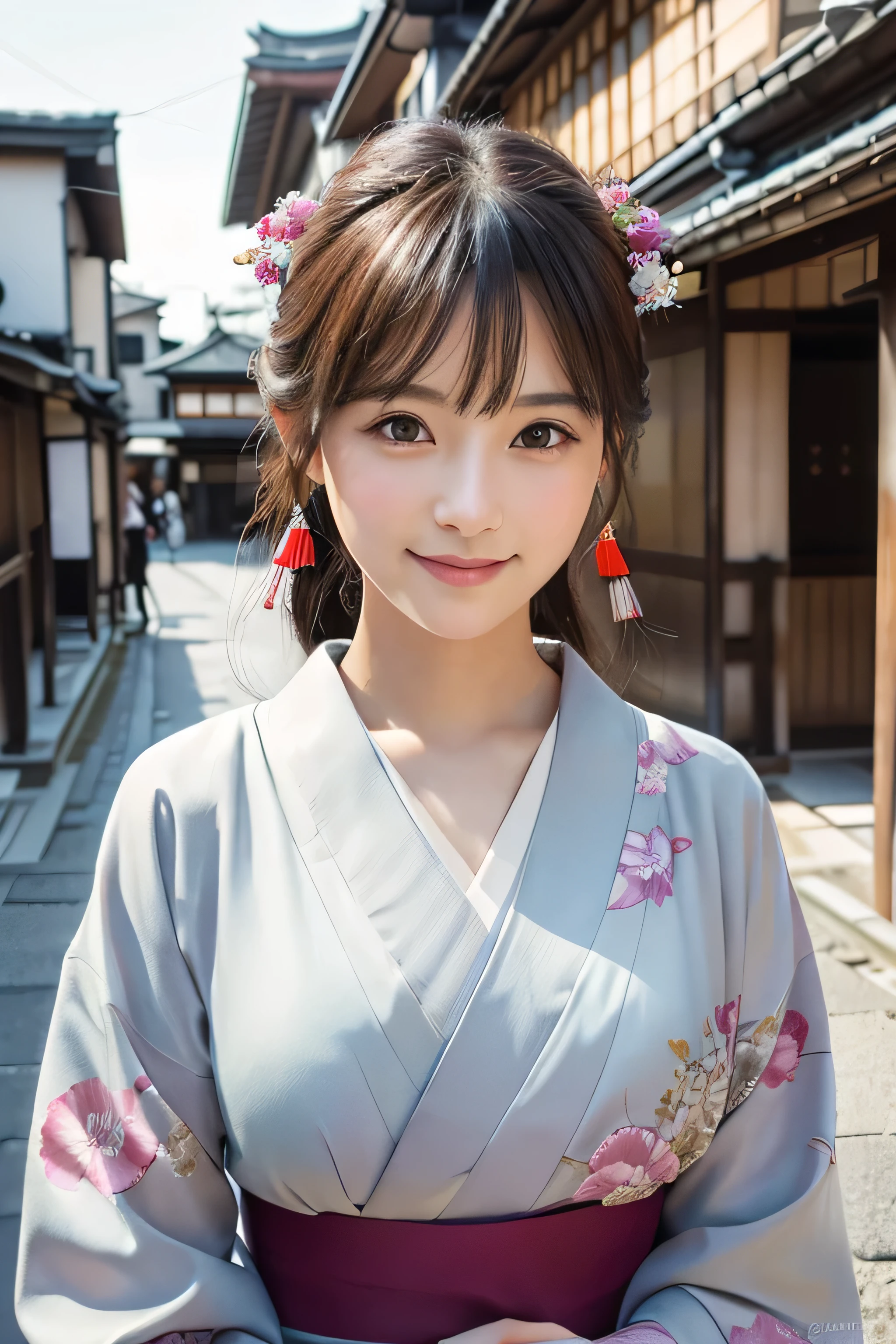Professional Lighting,(Photorealistic:1.4), (Top image quality:1.0), (超A high resolution:1.0), 8k, Raw photography, (masterpiece:0.2), (Facing the children_v1:0.5)、(highest quality Detail:1.2)、Realistic、8K Ultra HD、High resolution、(1 girl:1.2)、Super detailed、High quality textures、Complex details、detailed、Very detailed CG、High quality shadows、detailed Beautiful and delicate face、Beautiful details and a delicate eye、(Symmetrical eyes:1.2),Written boundary depth、Ray Tracing,1 girl, Japanese Girls, (Natural smile:1.4),cute, thin, Portrait of a beautiful Japanese woman in a kimono, Standing elegantly on a street corner in Kyoto. Kimono with vibrant traditional patterns, Hair decorated with elegant and delicate hairpins, Gentle expression. (With the old streets of Kyoto in the background:1.4)、The soft light of a spring afternoon、Adding tranquility to the scene. Rendered in a Realistic style with great attention to detail, High resolution images.Sky Porn, Magic Hour, (Realistic:1.3), finely, quality, (Tabletop:1.2), (Realistic:1.2), (highest quality), (Complex details), dramatic, Ray Tracing, photograph, +roller, (Large Breasts:1.2),