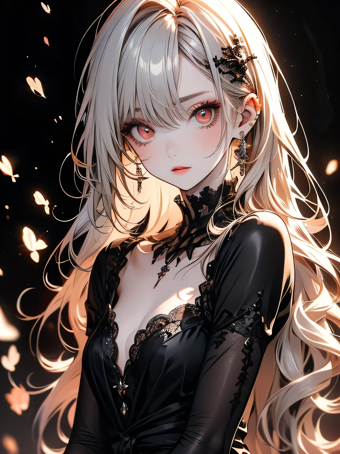 (masterpiece),(4K),high quality,Flat Chest,One girl,Long silver hair,Pale skin,Beautiful and detailed red eyes,Black ribbon with red rose decoration,Black and white gothic dress, (Highly detailed elegant), Magical colors and atmosphere, Detailed skin,The background is soft and blurry,Add a dramatic and symbolic element to your scene, Written boundary depth, Bokeh, Silky to the touch, Hyper Detail,Sitting