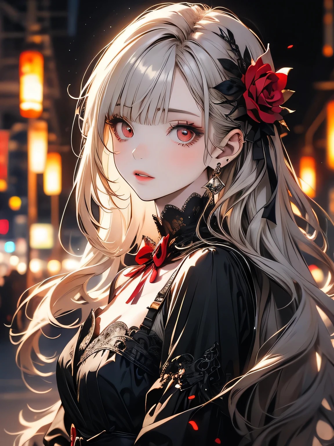 (masterpiece),(4K),high quality,Flat Chest,One girl,Long silver hair,Pale skin,Beautiful and detailed red eyes,Black ribbon with red rose decoration,Black and white gothic dress, (Highly detailed elegant), Magical colors and atmosphere, Detailed skin,The background is soft and blurry,Add a dramatic and symbolic element to your scene, Written boundary depth, Bokeh, Silky to the touch, Hyper Detail,Sitting