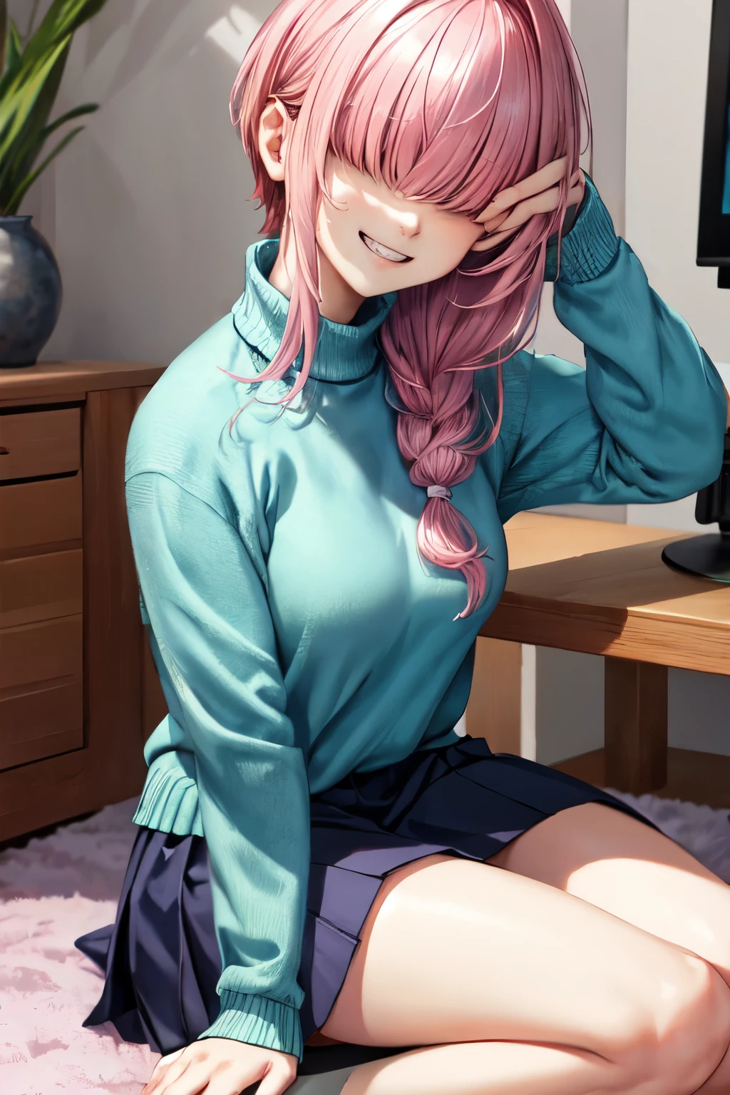 masterpiece, upper body, face portrait, aqua sweater, oversized sweater, woman, solo, pink hair, hair over eyes, gamer bedroom, grin, sitting on floor, short skirt