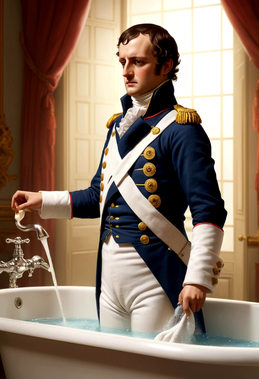 Soaking in the bathtub、Napoleon Relaxing（image）
Napoleon washing himself with soap（image）
Wipe your body with a towel、Napoleon looks satisfied（image）