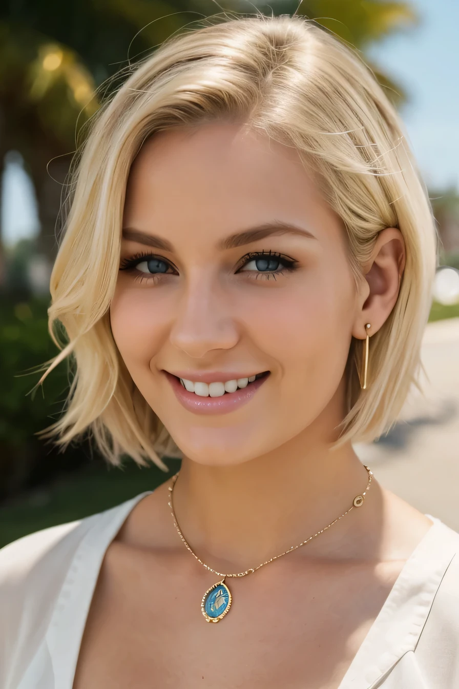 20Beautiful young woman、 White woman、Blonde Hair、Wavy Hair、short hair、blue eyeisaligned sunglasses、ear piercing、Necklace around the neck、blouse、smile, (Beautiful teeth alignment)、Intricate details, Very detailed:1.2), 、 Looking into the camera,The background is the town