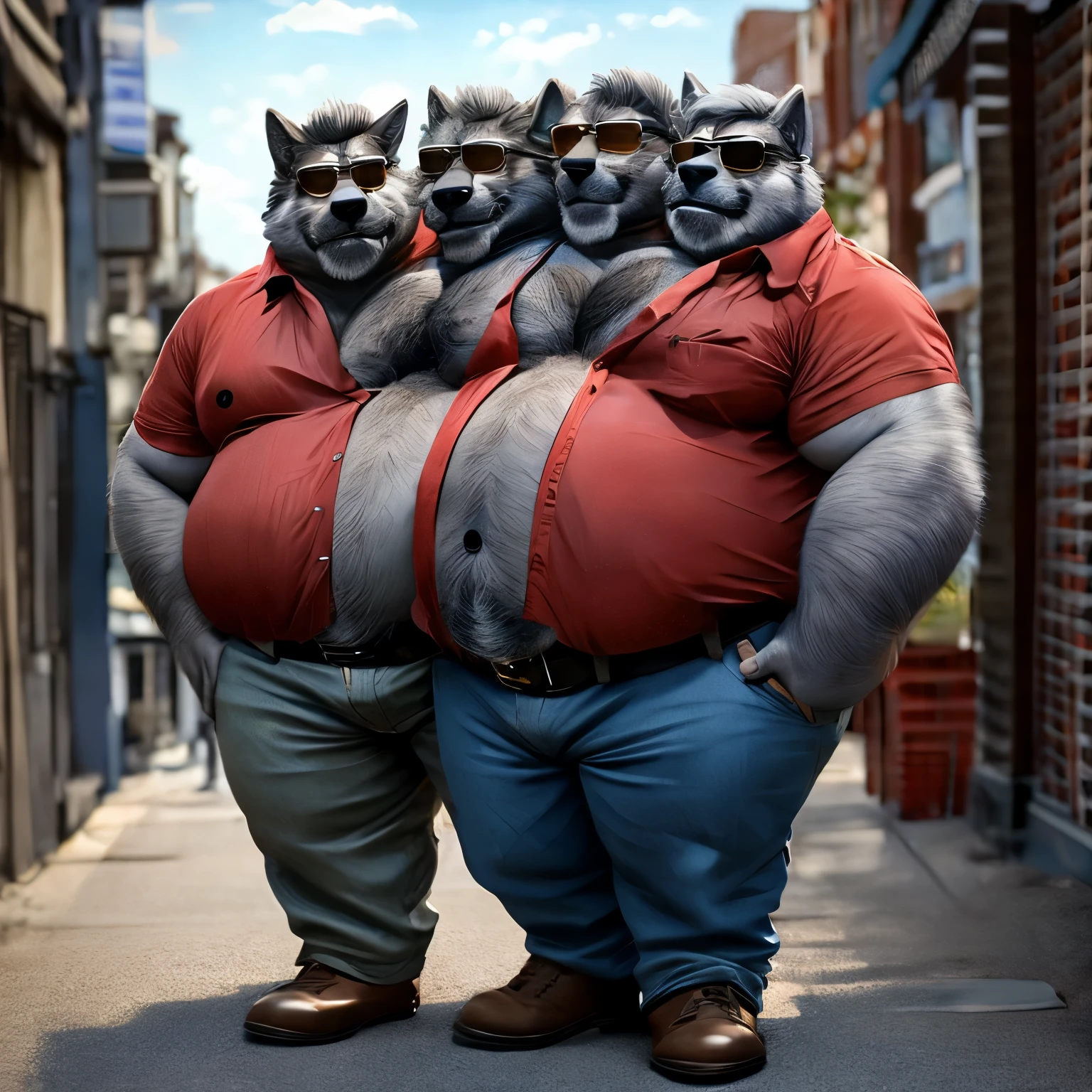 solo, three headed wolf, wolf tail, (identical:1.3), (overweight, obese, fat, big belly, adult, 50 year old male:1.3, (stylized 3d:1.1, by disney:1.2, by rembrandt, by dramamine), pixar:1.1, (gray fur, black hair, beard), gray background, (thong, bulge), navel, correct hands, correct anatomy, (detailed eyes:1.2, cartoon eyes:1.2, small dark pupils), (ultradetailed, best quality, detailed masterpiece, highly detailed masterpiece, 4k, professional cartoon:1.7), ((sitting on couch:1.3, natural pose:1.3, nuanced expressions:1.3)), (((dadbod)))