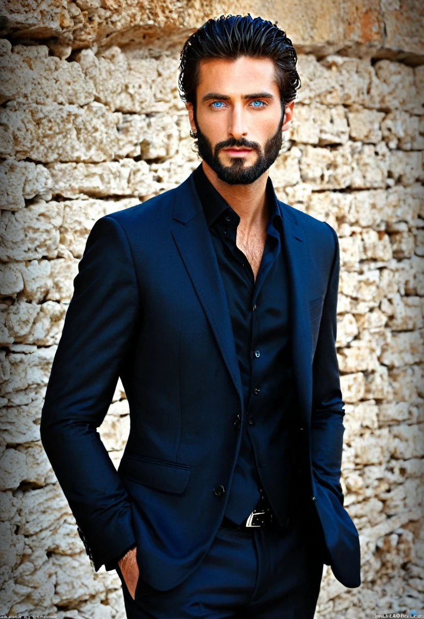 Male... dark blue eyes... fit... tall... handsome... Mediterranean... stubble beard... medium large hair... black suit