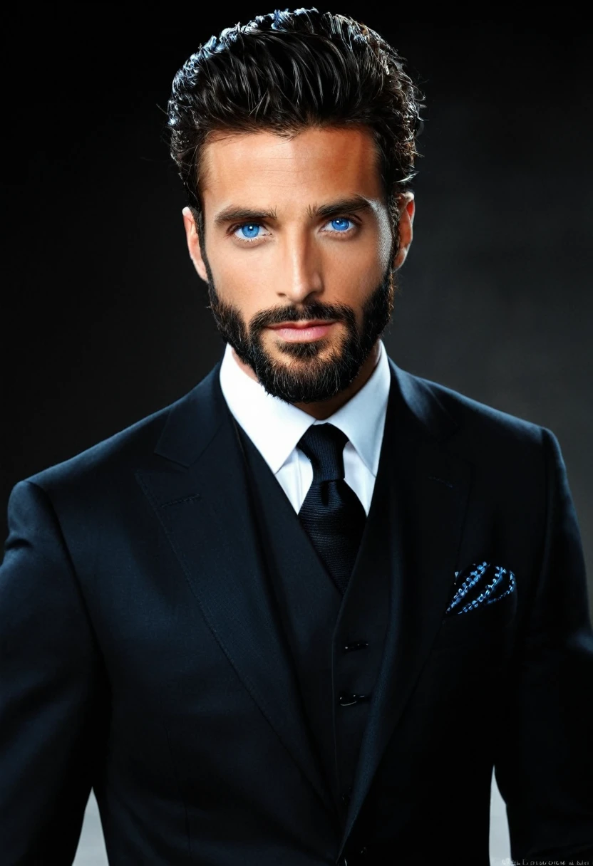 Male... dark blue eyes...  fit... tall... handsome... Mediterranean... stubble beard... medium large hair... black suit