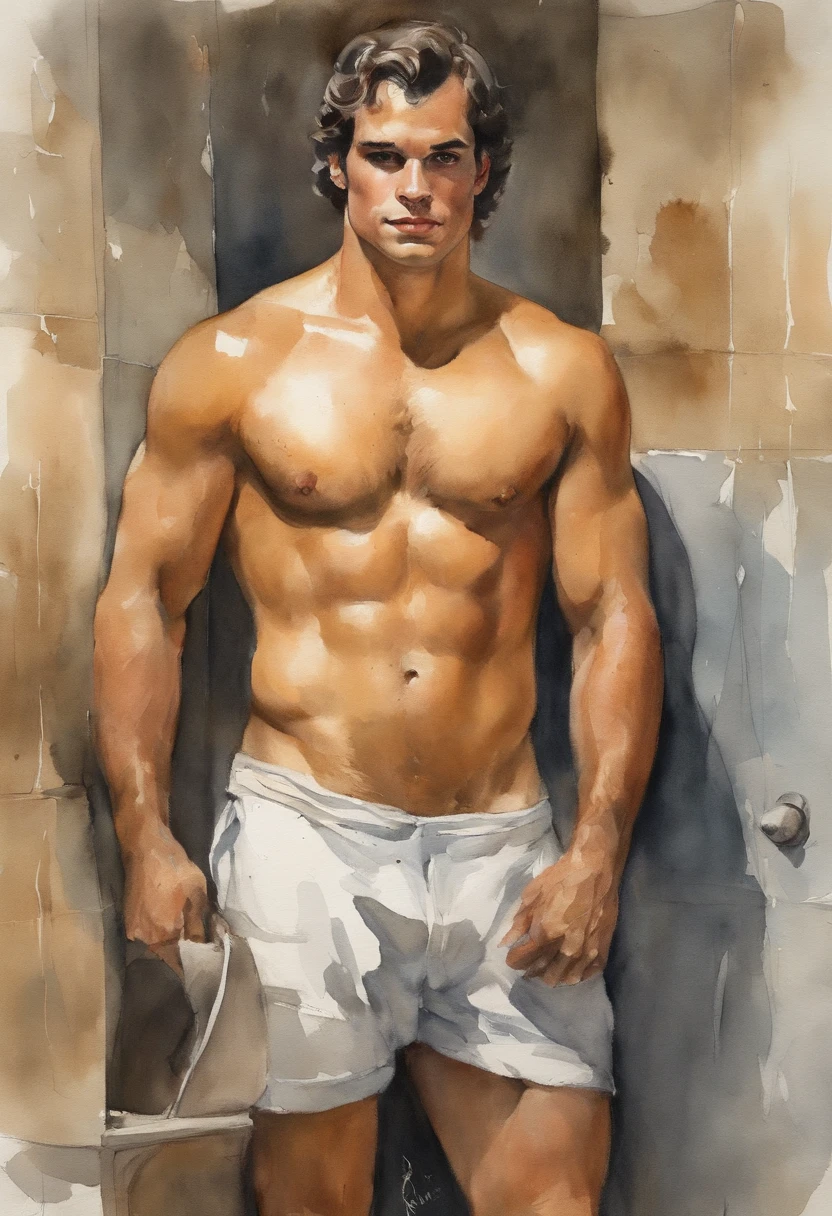 contorno, Estudo da figura masculina de 20 anos, Joven atleta musculoso, standing, corpo robusto completo, completamente nu, totalmente , , Resignation, Au natural, Cubra a virilha com uma toalha branca, apenas traseira, Crowded gym shower with water jets and men showering in the background, Bolos, Por Harry Bush, James Montgomery Flagg e Lois van Baarle e Jim French e RossDrew, Olhos realistas detalhados, large bare feet, large lump in the groin, muito bonito, lindo. Asas de anjo angelical. Aquarela tinta manchada e pingos de tinta. Momen beauty face Henry Cavill naked without clothes. Bath water 5 naked men bathroom penis butt nude