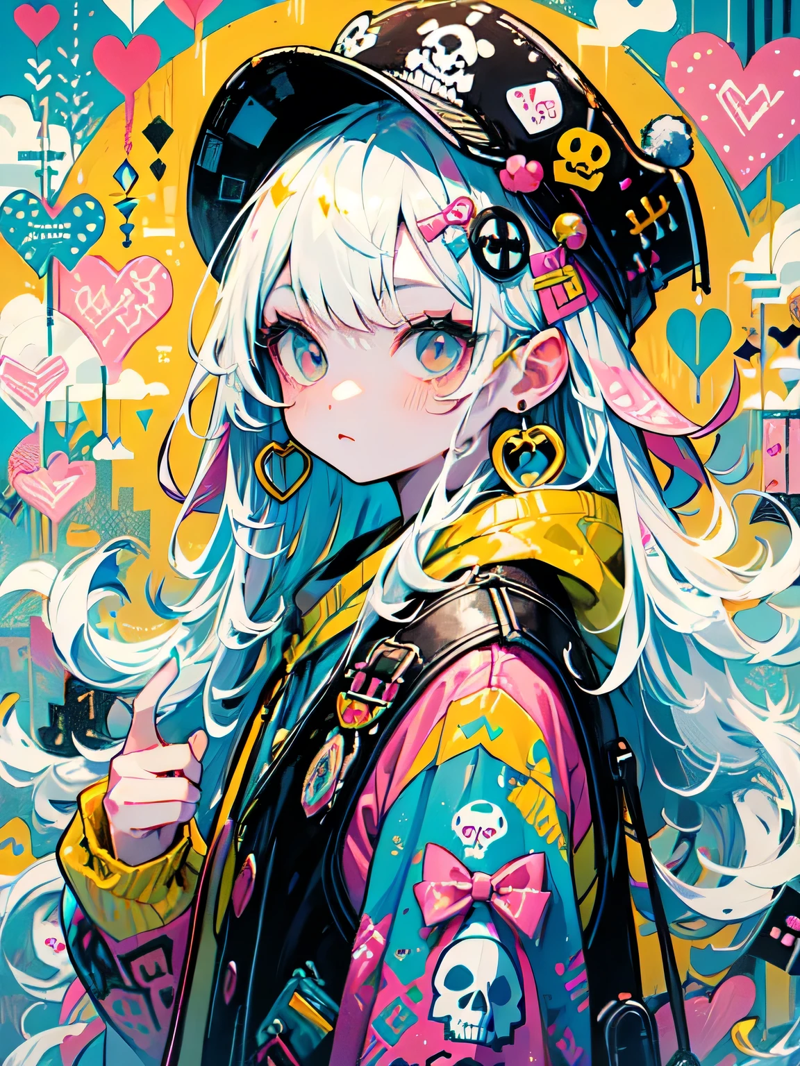 estilo akira toriyama、"bonitinho, lindo, Adorable girl wearing pink clothes, Amarelo, and baby blue color scheme. She is wearing a costume with a SKULL motif inspired by a female pirate..。.。.。.。.。.。.... Fashion hats, pedra、Comes with decorative accessories, como grampos de cabelo. Incorporando o vibrante e moderno estilo de moda Harajuku。."