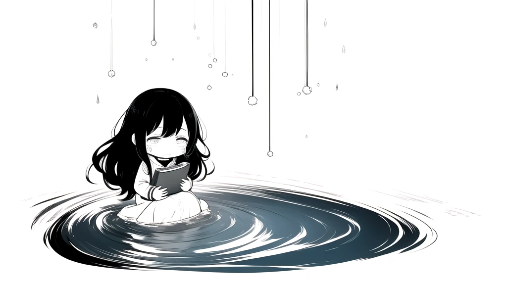 best quality, chibi, 1 girl,Long black hair,(full body), Pure white background,Vivid,clearly,sad face,rain,snow,Are crying,shout,I have a letter,holding a book in hand,sitting in water