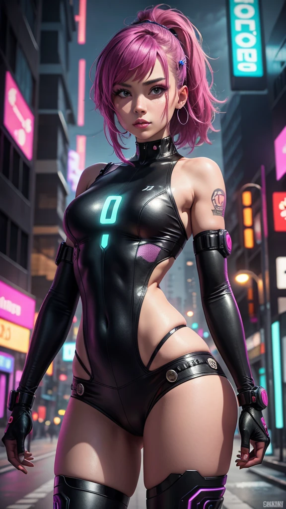 Cyborg girl in a cyberpunk city with a neon colors, she is a sensual girl and have a small hair