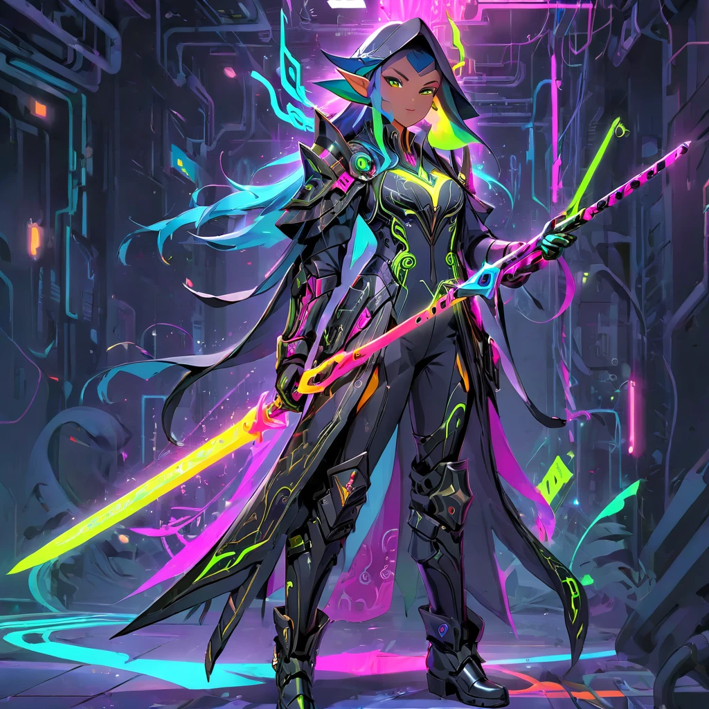 secret agent wizard elf, with an elegant suit with neon magic circuits, mixing suit details with a tactical outfit, gloves, technological army boots, fine fabric, long sword with a long handle with neon magic carvings