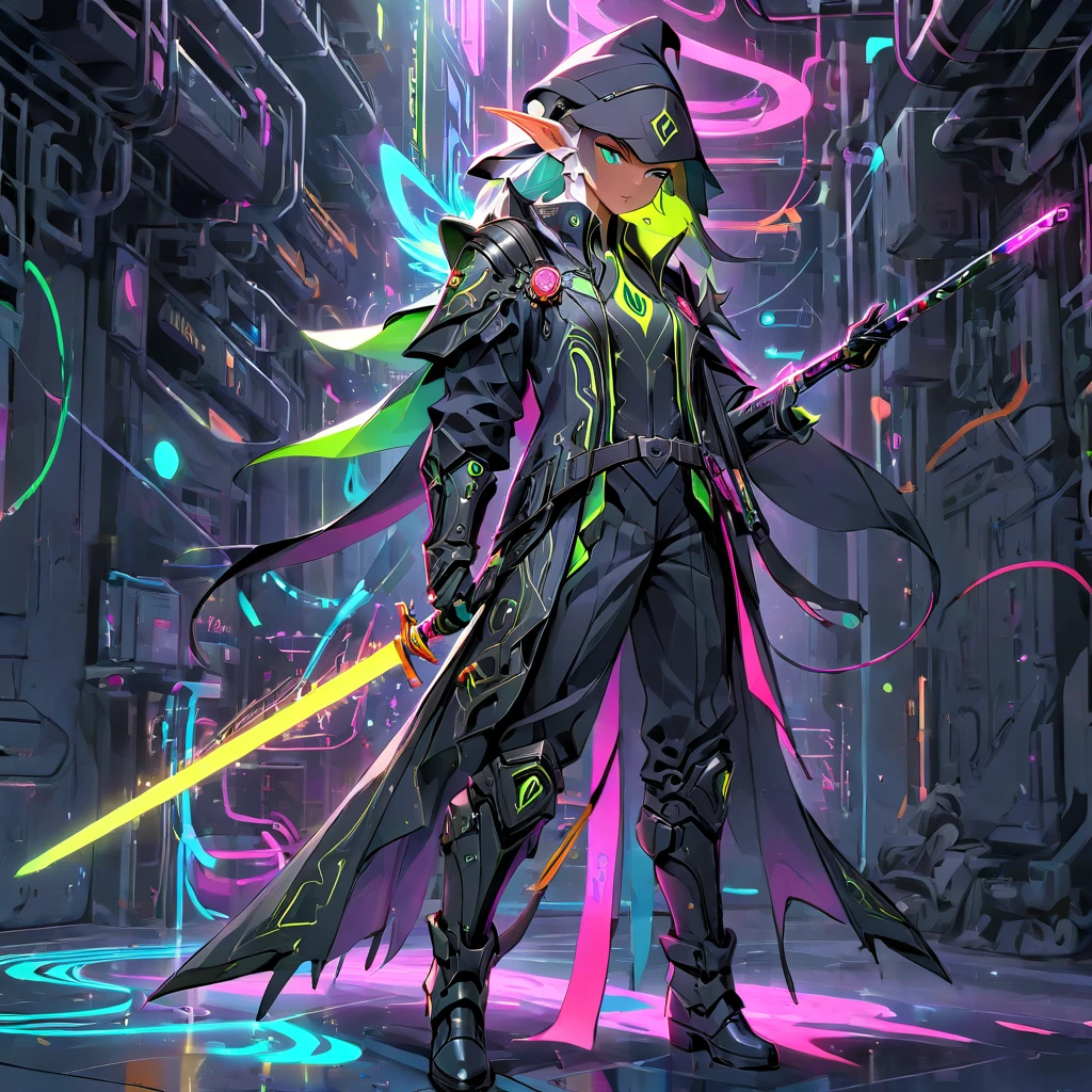 secret agent wizard elf, with an elegant suit with neon magic circuits, mixing suit details with a tactical outfit, gloves, technological army boots, fine fabric, long sword with a long handle with neon magic carvings