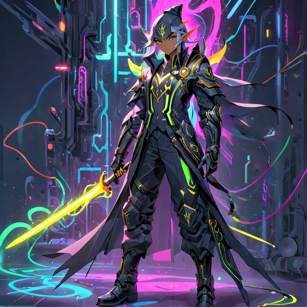 secret agent wizard elf, with an elegant suit with neon magic circuits, mixing suit details with a tactical outfit, gloves, technological army boots, fine fabric, long sword with a long handle with neon magic carvings