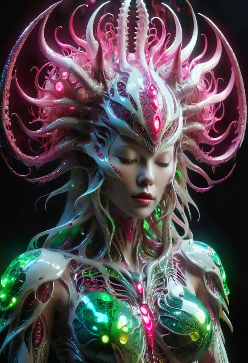 (best quality,4k,8k,highres,masterpiece:1.2), ultra-detailed, (realistic,photorealistic,photo-realistic:1.37), (((There is a female genital-like organ on her head:1.7))), (There's a pussy on her forehead]1.3), 1 creature, otherworldly, Lovecraftian, chitinous skin, bioluminescent patterns, somber color palette, eerie lighting.(NSFW:1.4), white, pink, green, very sharp long red claws, (She has bioluminescent all over her body:1.3), erotic, (NSFW:1.5), fractal, tangle, entangle, zentangle, destroyed anatomy, (extremely thin waist:1.2), ferocious predator,