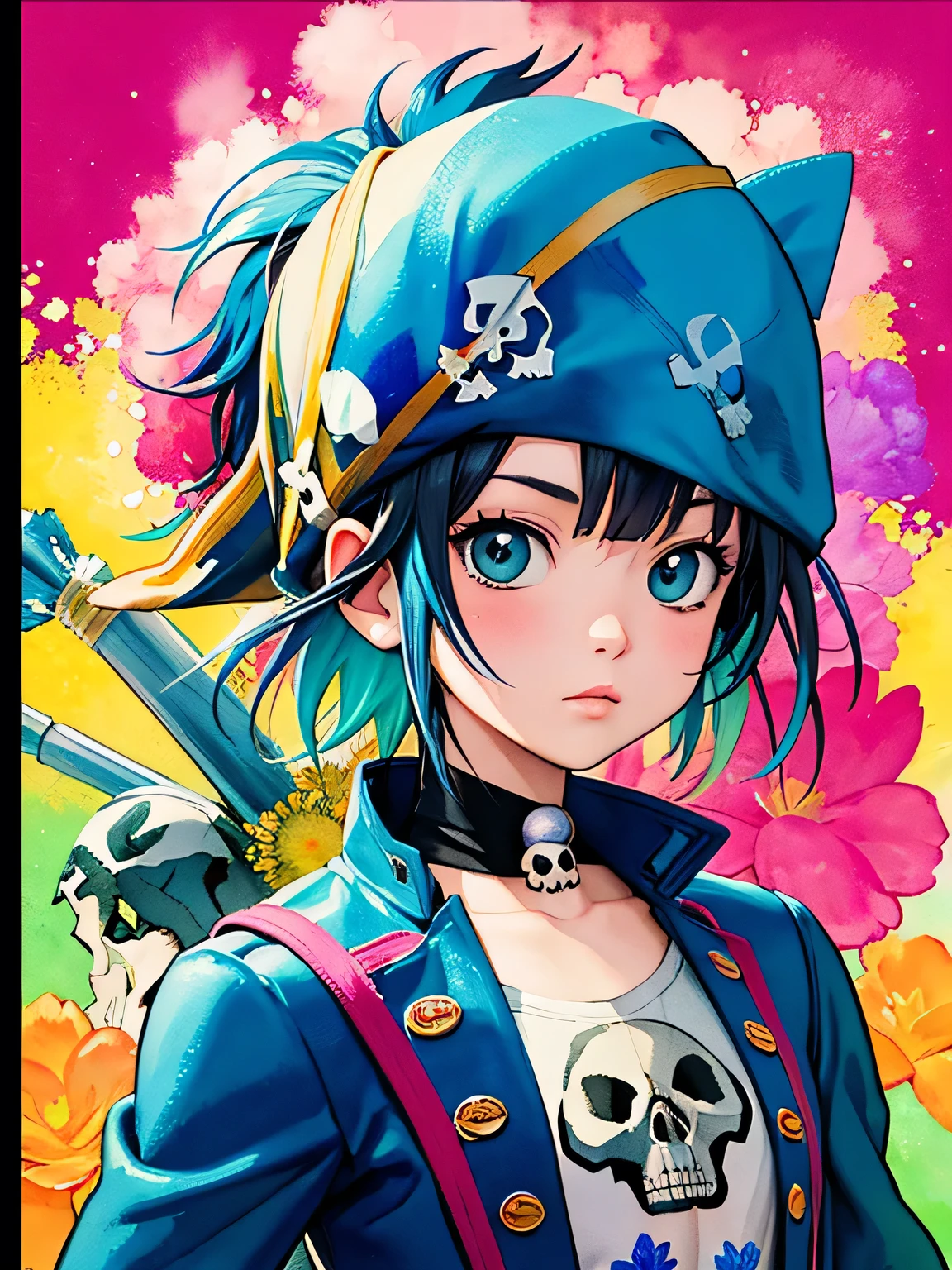 Akira Toriyama style、8K Quality、Intense watercolor, Detailed watercolor art, Watercolor splash, Surreal, avant-garde pop art, Beautiful and expressive paintings, Beautiful artwork illustration, Very colorful tones, wonderful, Cool beauty, highest quality、Official Art, Vector art, Stylish design, (((The most beautiful pirate girl))), (((highest quality))), HDR, ((detailed)), (((Doodle Art)), ((masterpiece)), ((Super detailed)), (((Colorful flowers))),(((skull fashion))),