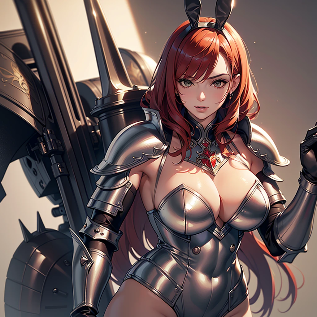 ((best quality)), ((masterpiece)), (detailed),High quality, Ultra detailed, best quality, insanely detailed, beautiful, masterpiece,(1 tall woman),20s,((Bunny girl)), metalic bunny suit,heavy armour,(red bob hair),bunny warrior