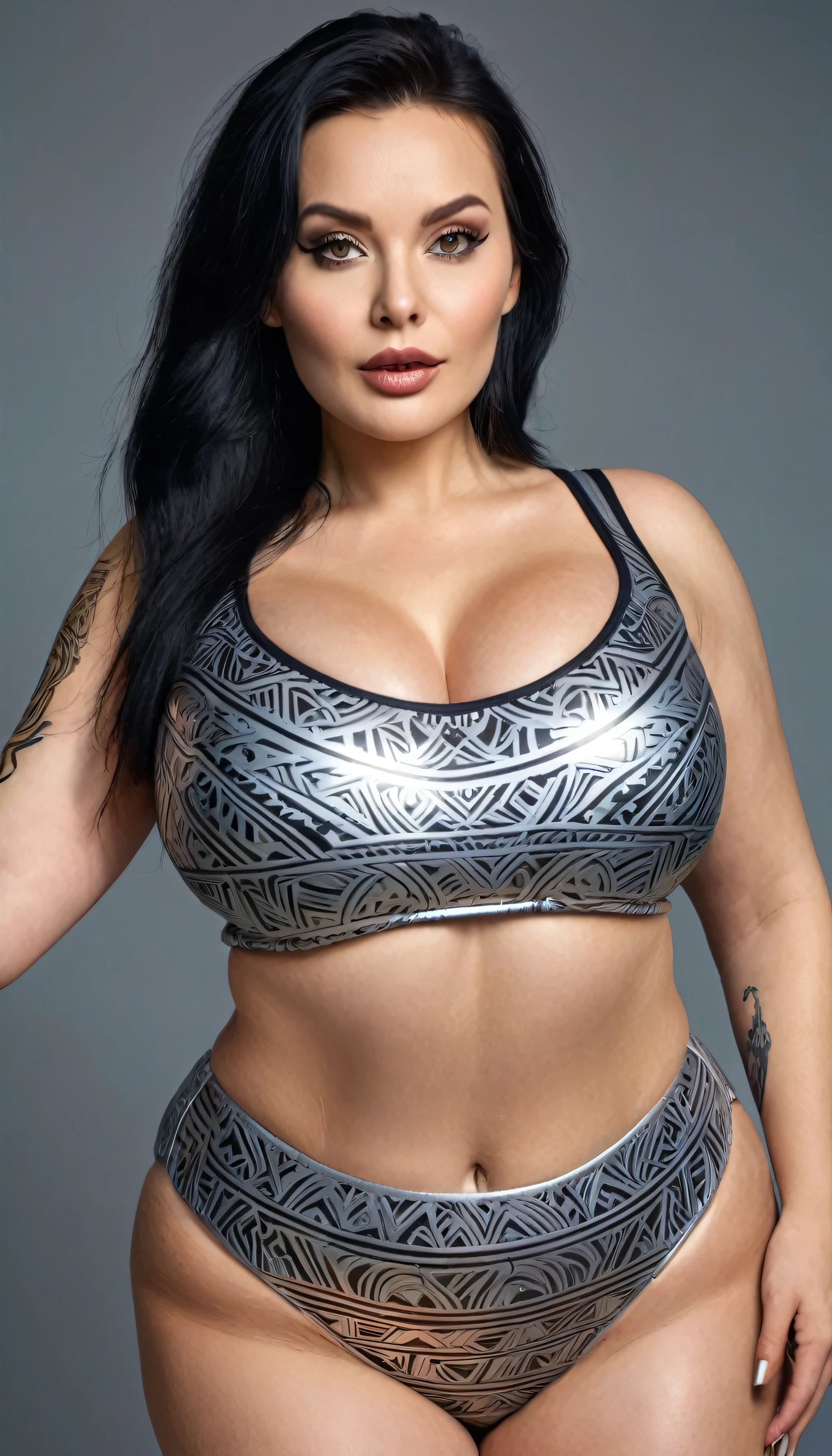 Tattoos on the upper body,Metallic silver leotard swimsuit(Tribal Pattern), Russian women, Queen 40+,40-year-old woman, Chubby, thick, thick waist, plump belly, Very big plump ass, Very large and ample breasts, Wrinkles, Selfie pose, Not Instagram, She has long dark hair and heavy black make-up and is looking at the camera。, I have a tattoo, Detailed Photos, Realistic lighting, High-quality real skin: 1.4, Improving Cinema Lighting: 0.9,Surreal: 1.4, (Soft lighting: 1.05) Looks busy, Wrinkles, bully women, Sexy Control Pose, Control, There is a Controller who owns slaves, Metallic silver leotard swimsuit(Tribal Pattern), Chubby, thick, thick waist, plump belly, Very big plump ass, Very large and ample breasts, The entire upper body is covered by the toes., Russian women,