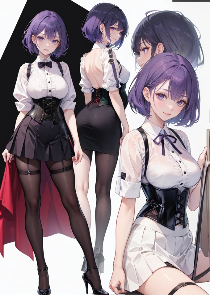 Purple hair,short hair,Adult female,Bartender,((Rolling up your sleeves shirt)),((body harness)),((Corset)),(skirt),High heels,((Simple white background)),Smile,((Full body)),((whole body)),Character Sheet,