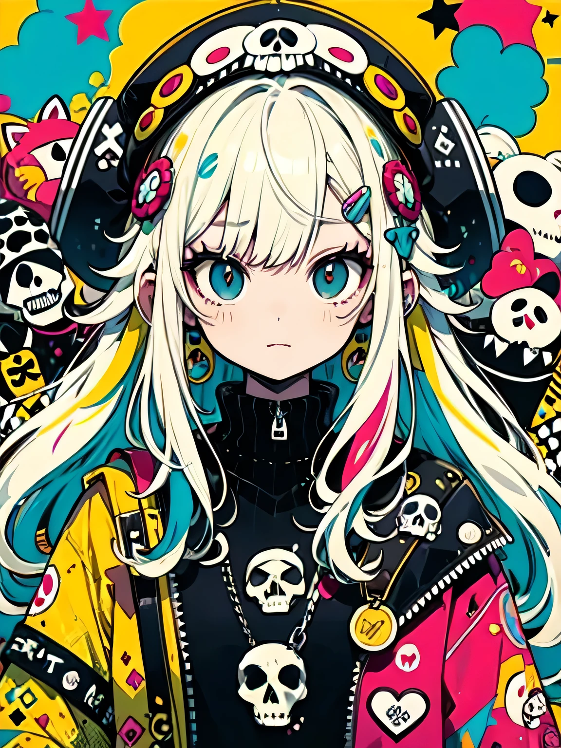 Takashi Murakami style、"cute, beautiful, Adorable girl wearing pink clothes, yellow, and baby blue color scheme. She is wearing a costume with a SKULL motif inspired by a female pirate.。.。.。.... stylish hat, Rock、Comes with decorative accessories such as hair clips. Embodying the vibrant and modern Harajuku fashion style。."