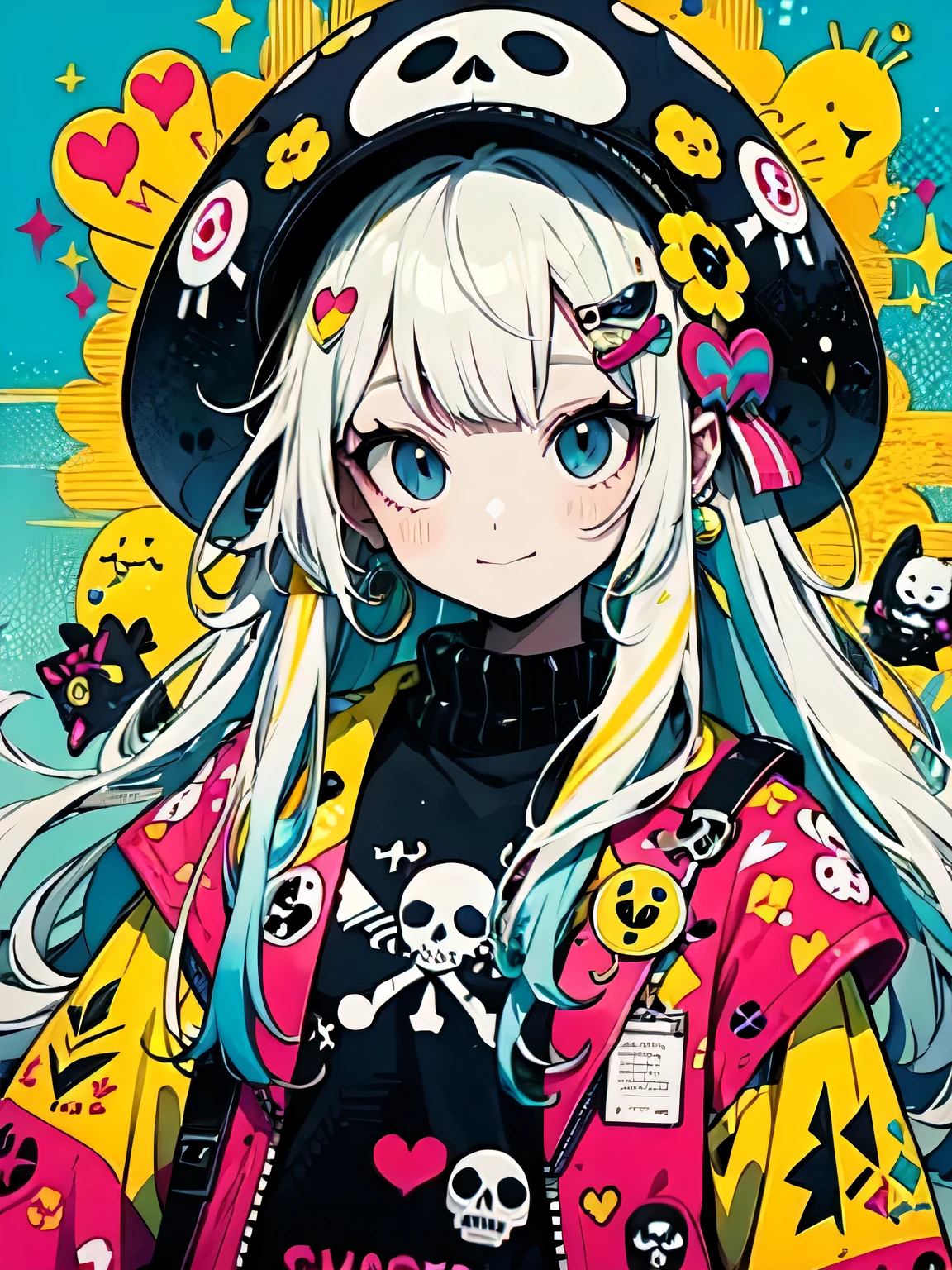 Takashi Murakami style、"cute, beautiful, Adorable girl wearing pink clothes, yellow, and baby blue color scheme. She is wearing a costume with a SKULL motif inspired by a female pirate.。.。.。.... stylish hat, Rock、Comes with decorative accessories such as hair clips. Embodying the vibrant and modern Harajuku fashion style。."