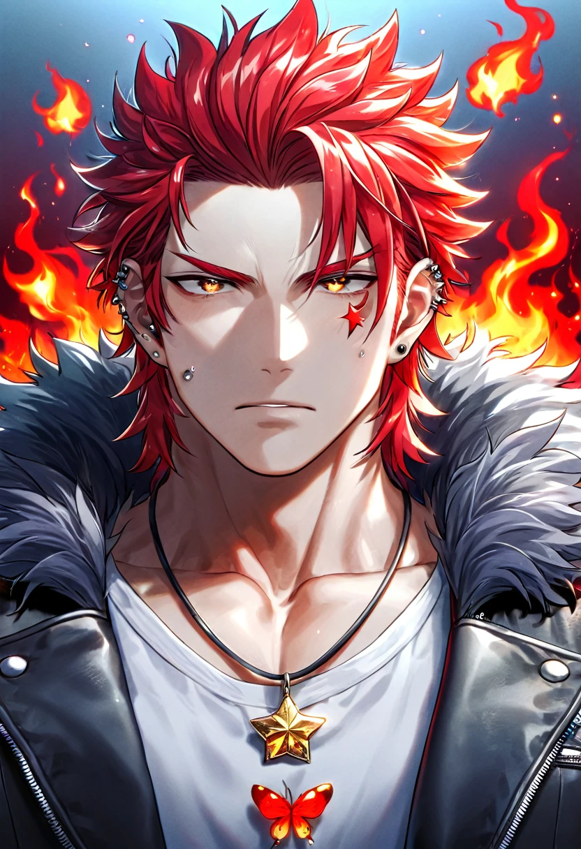 Ultra detailed, highres, absurdres, HDR, Suoh Mikoto, red hair is kept short and ruffled, hair spiked with two strands of hair near the opposite sides of his head falling over his face with distinct sideburns, expressive golden eyes, black leather jacket with a fur collar, white V-neck underneath, dark blue pants, a star-shaped necklace, a piercing in his left ear, silver ring, fire, handsome, sexy man, red background, small red butterflies, flames