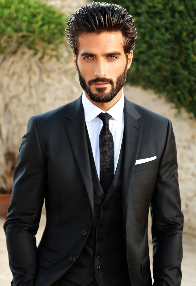 Male... gray eyes...  fit... tall... handsome... Mediterranean... stubble beard... medium large hair... black suit