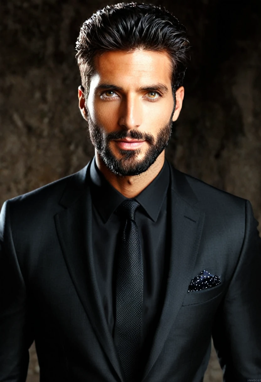 Male... gray eyes...  fit... tall... handsome... Mediterranean... stubble beard... medium large hair... black suit