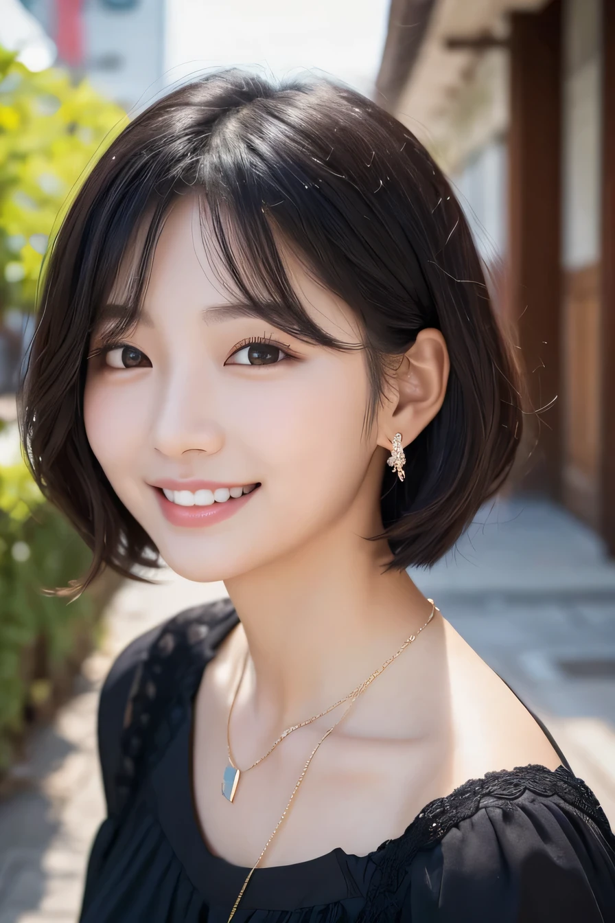 Beautiful young woman、 Japanese women、Black Hair、Wavy Hair、short hair、ear piercing、Necklace around the neck、blouse、smile, Beautiful teeth alignment、Intricate details, Very detailed:1.2), 、 Looking into the camera,The background is the town
