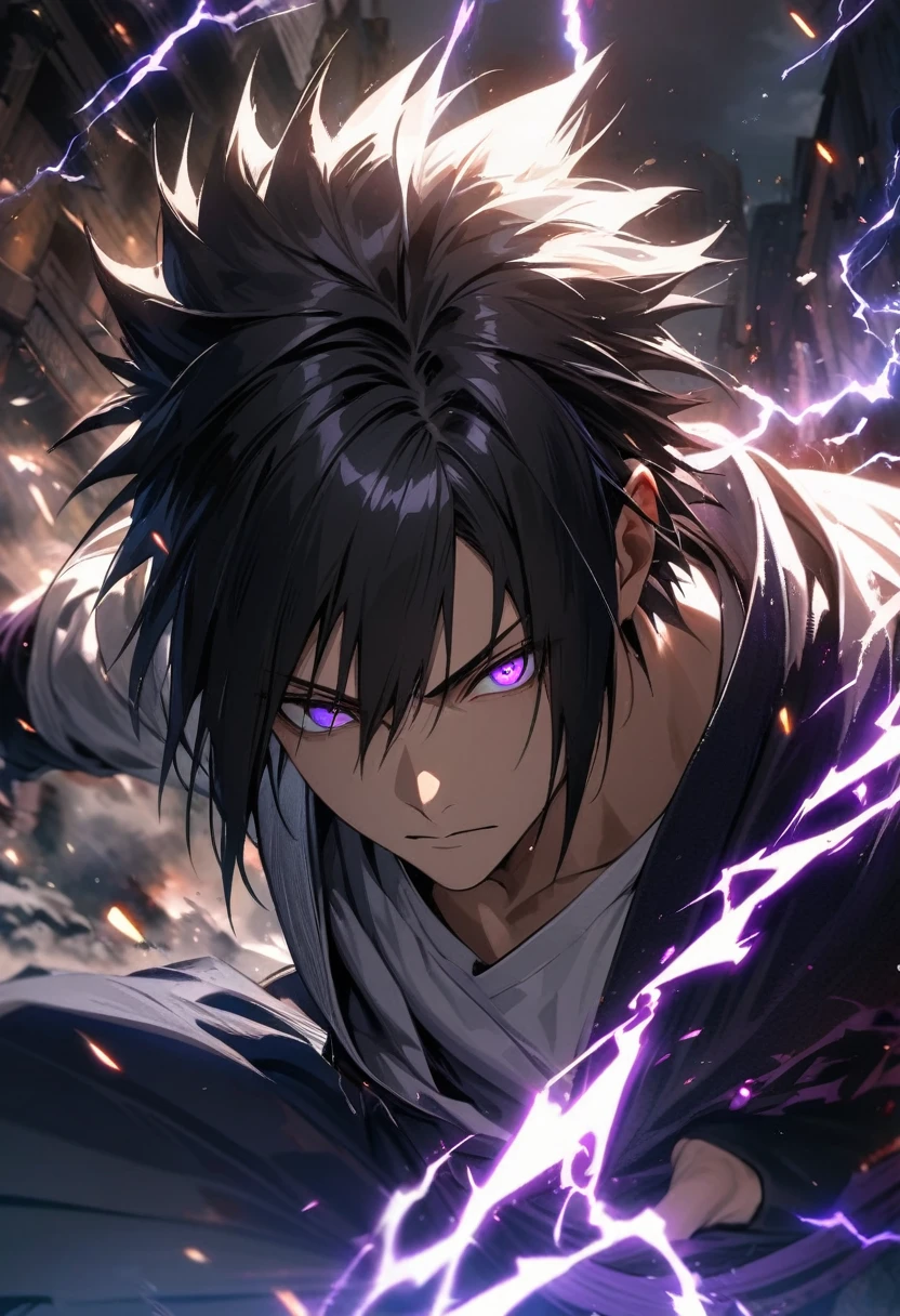 absurdres, highres, ultra detailed, HDR, masterpiece, extremely detailed face and eyes,Sasuke uchiha,black hair , , solo, man, handsome, ,white shirt, , Epic fight scene, purple lightning effect, glowing glitters