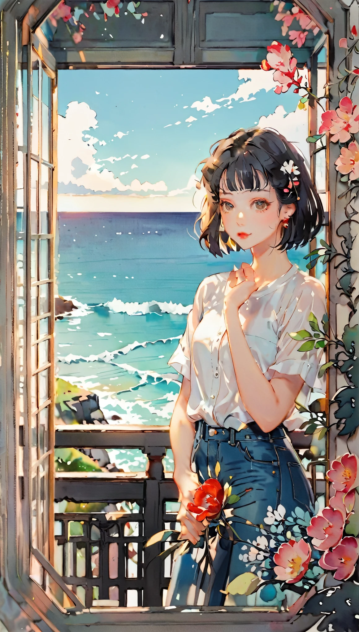 (((paper cutting style))), 1 girl, short black hair, straight hair, portfolio, shirts, denim, ocean and sky