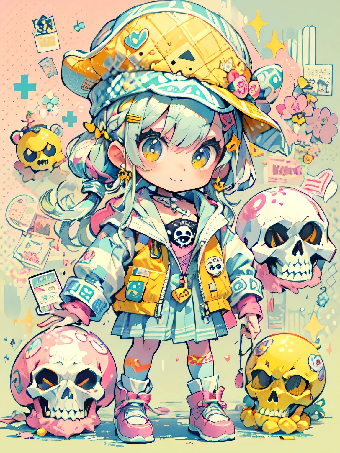 akira toriyama style、"cute, beautiful, Adorable girl wearing pink clothes, yellow, and baby blue color scheme. She is wearing a costume with a SKULL motif inspired by a female pirate.。.。.。.。.。.... Fashionable hats, rock、Comes with decorative accessories such as hair clips. Embodying the vibrant and modern Harajuku fashion style。."